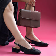 Women's Slingback Block Heel Pumps with Horsebit Metal Detail Square Toe Textured Pumps Shoes